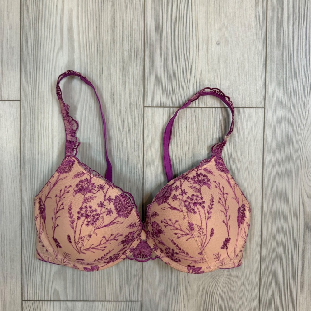 Soma Wildflower Push Up Bra 34D Peach Purple Floral Embroidered Lace Underwire